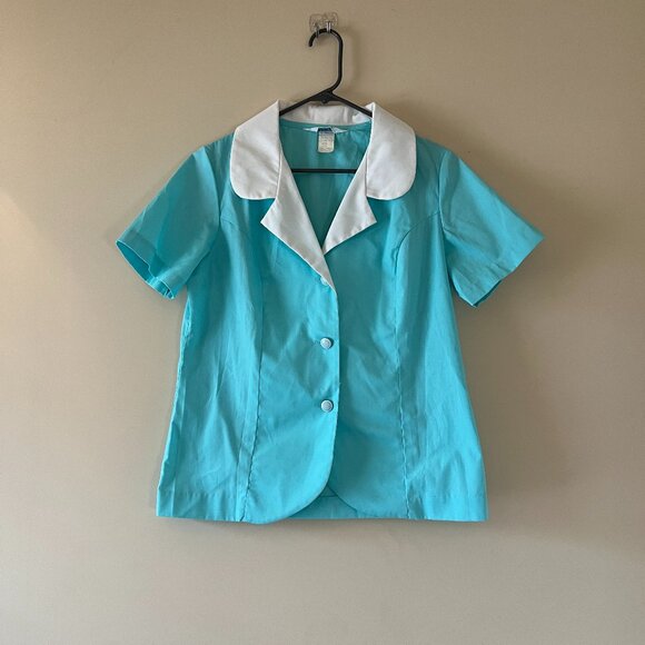 60's Retro Vintage Aqua Button Down Shirt Size 14 - Picture 1 of 4